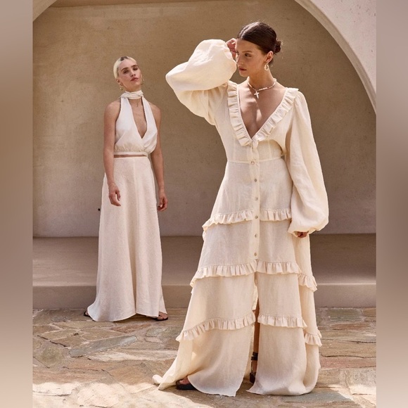 NWT VRG GRL Bonita Linen Ruffle Maxi Dress Cream Australia Brand - Picture 6 of 12